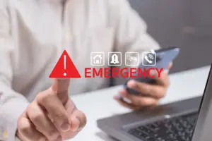 A close-up of a person's hand pointing toward a digital "EMERGENCY" alert overlay with icons for home, alarm, and medical services. The person is holding a smartphone next to a laptop, illustrating real-time crisis communication and emergency management technology.