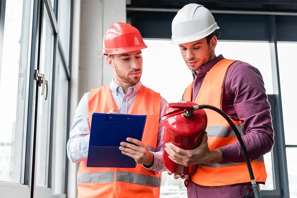 Two professional safety inspectors in hard hats and high-visibility vests conducting a fire safety audit. One inspector holds a clipboard while the other examines a red fire extinguisher near a large window in a modern commercial building.