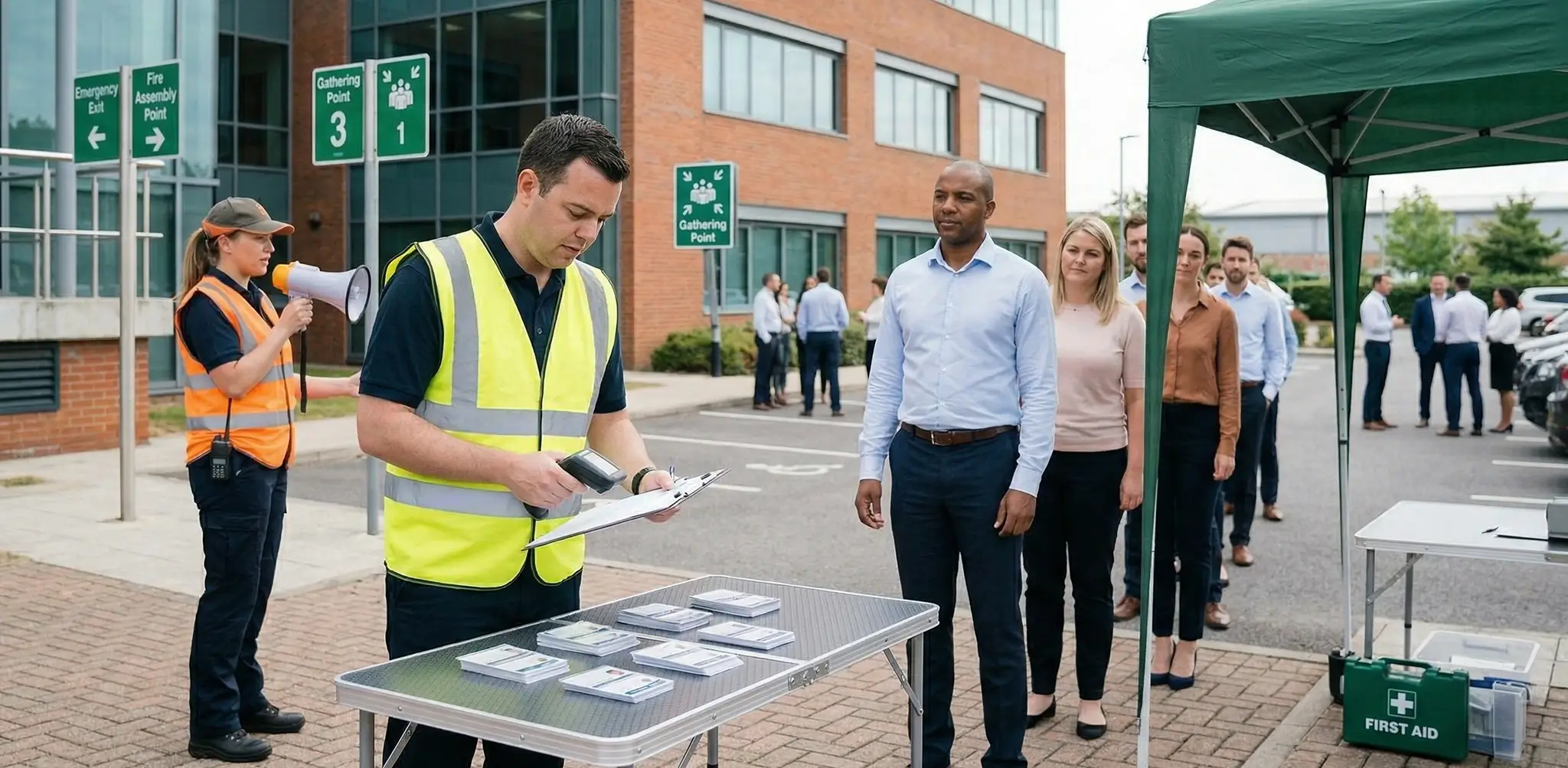 Emergency Training - In an outdoor parking lot, a safety officer in a yellow high-visibility vest uses a scanner to check a clipboard while employees wait in a line at a designated gathering point. To the left, a fire warden in an orange vest holds a megaphone. The scene includes "Fire Assembly Point" and "Gathering Point" signs, a green first aid kit, and a pop-up tent.