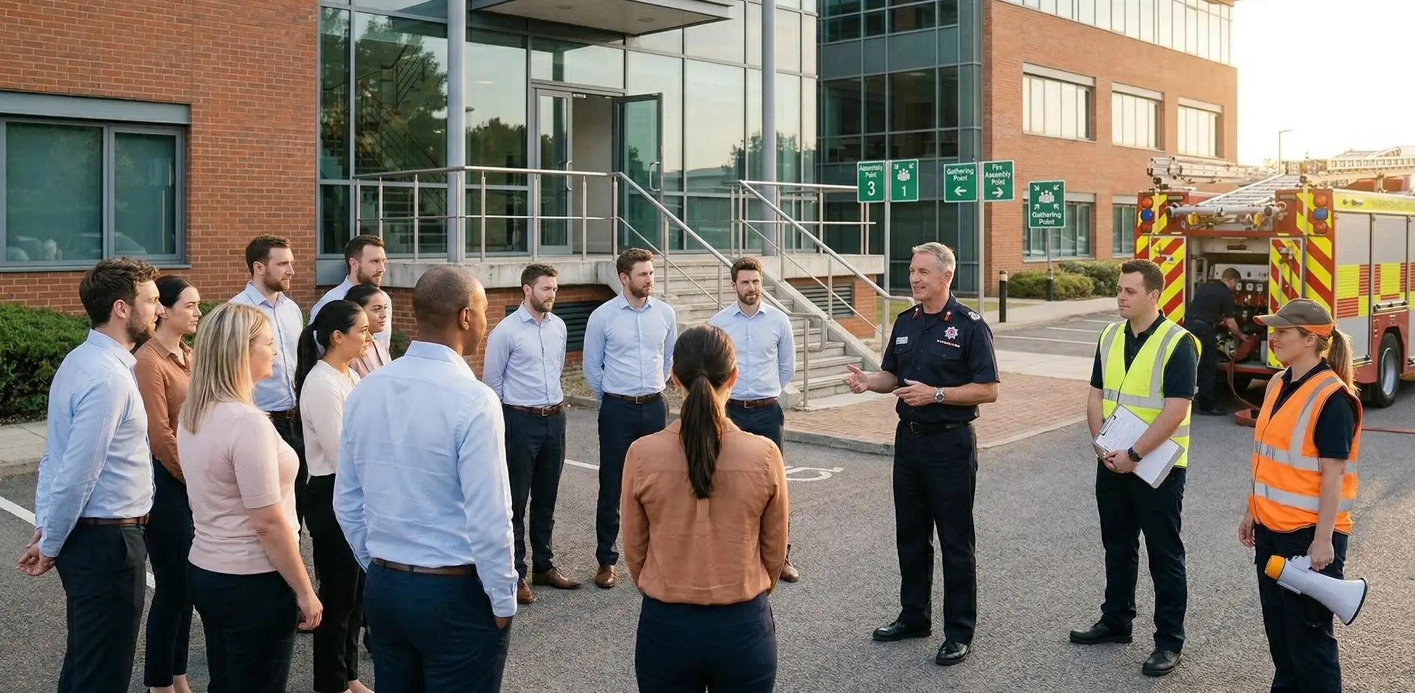 Emergency Training - A fire officer in uniform addresses a group of office employees gathered in a parking lot during a safety briefing. A fire engine is parked nearby, and two safety marshals in high-visibility vests—one holding a clipboard and the other a megaphone—stand by to assist. Green "Gathering Point" and "Fire Assembly Point" signs are visible in the background against a modern office building.