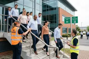 Emergency Training - A group of office employees calmly evacuates a modern brick and glass building during a safety drill. They are walking down an outdoor concrete staircase, guided by a female Fire Warden in an orange high-visibility vest and a male safety officer in a yellow vest who is checking off names on a clipboard. In the background, green directional signs point toward the "Emergency Exit" and "Fire Assembly Point."