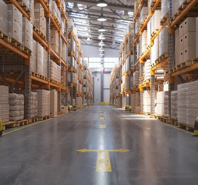 Interior of a bright industrial warehouse with high orange shelving units filled with stacked cardboard boxes and pallets along a central concrete aisle.