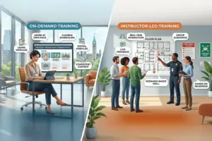 On-Demand or Instructor-Led Training - A split-screen illustration comparing "On-Demand Training" and "Instructor-Led Training." On the left, a woman works independently at a desk using a tablet and a large monitor displaying an emergency preparedness portal, with labels for "flexible scheduling" and "learn at own pace." On the right, a uniformed instructor leads a group of employees through a "scenario-based drill" using a large floor plan, with labels highlighting "real-time interaction" and "hands-on readiness."