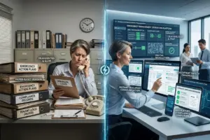A side-by-side comparison of fragmented manual logs versus a centralized emergency management software dashboard that automates regulatory compliance and occupant communication.