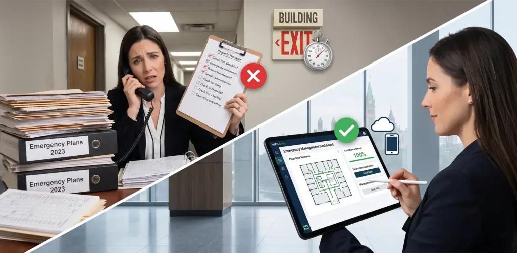 A composite image comparing a paper-based emergency plan system versus a modern emergency management software platform, showing the benefits of digital transition.