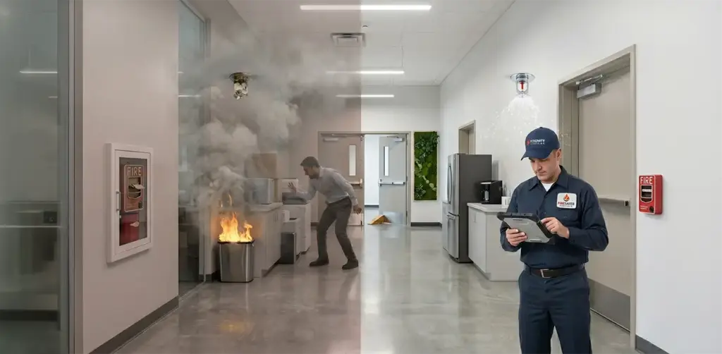 A split-screen comparison showing a fire incident caused by fire code violations next to a technician using a digital compliance tool to maintain safety systems.