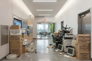 A hallway in a commercial office blocked by boxes and furniture, illustrating egress-related fire code violations and obstructed exit paths.