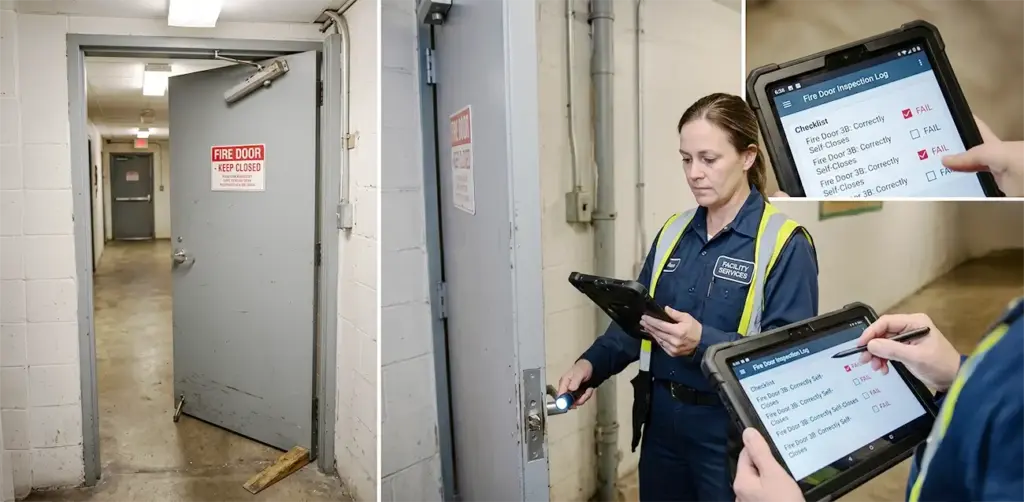Facility manager inspecting propped-open fire doors and logging fire code violations on a digital safety checklist tablet.