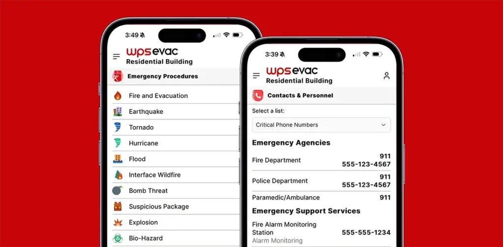 The WPS Evac mobile interface showing how emergency management software provides instant access to fire, earthquake, and evacuation procedures on a smartphone.