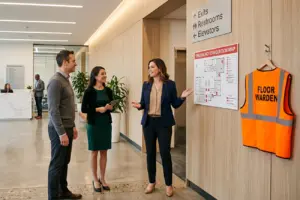 Property manager explaining building safety culture to tenants beside an emergency evacuation map and floor warden vest in a modern office lobby