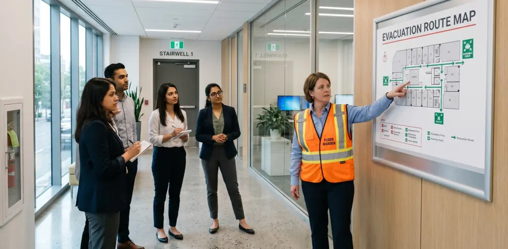 Floor warden in high-visibility vest pointing to evacuation route map while briefing tenants on building safety culture in a commercial office corridor