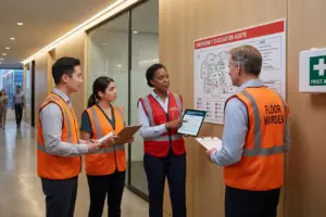 Floor warden team in high-visibility vests reviewing evacuation route map during emergency preparedness briefing in a modern office building