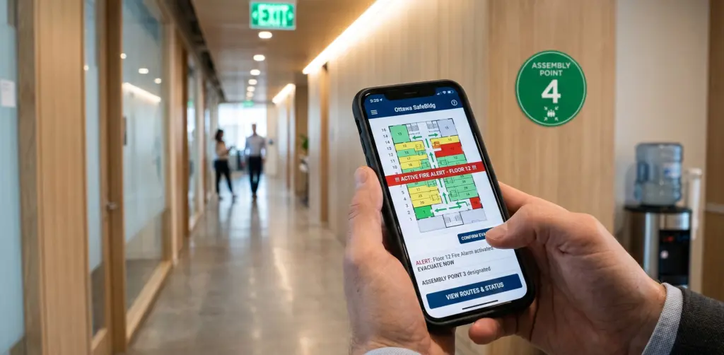 Property manager using a building emergency app showing active fire alert and evacuation routes, reinforcing building safety culture through digital tools