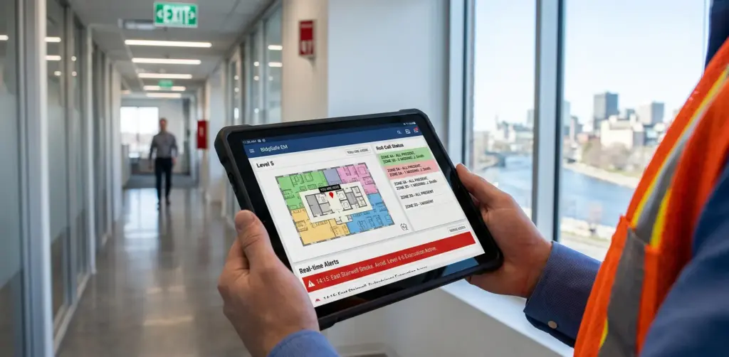 Floor warden using a digital emergency management app on a tablet to support real-time coordination and roll call during building emergency preparedness