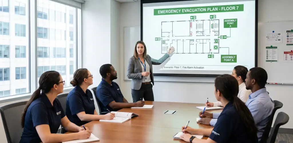 Floor warden team participating in scenario-based emergency training session with evacuation floor plan displayed in a commercial building meeting room