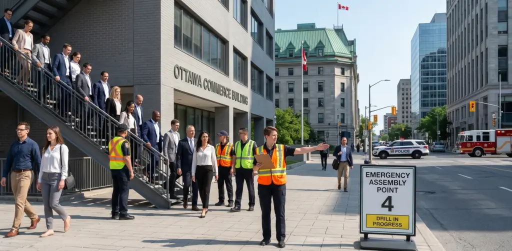 Property managers conducting emergency drills to practice building evacuation exercises.