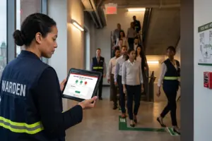 Warden using digital emergency alerts during emergency drills to ensure property management safety.