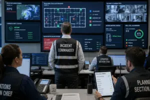 An Incident Commander in a command center operating under the Incident Command System to manage a multi-hazard emergency plan, guiding property managers through a building risk assessment and updating active emergency procedures.