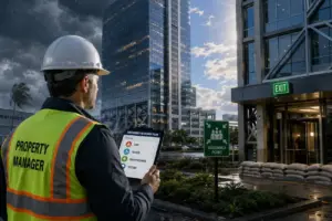 Property manager reviewing digital emergency procedures on a tablet outside a high-rise building during severe weather events to demonstrate multi-hazard preparedness and an all-hazards approach for the entire building portfolio.