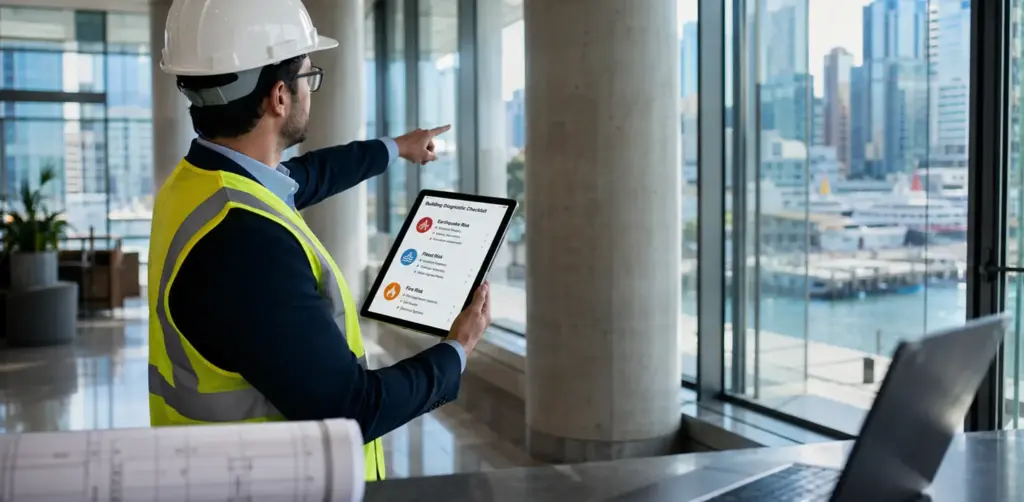 Building inspector evaluating risks across a commercial building portfolio using a diagnostic tablet to establish proper emergency procedures and multi-hazard preparedness for severe weather events following an all-hazards approach.