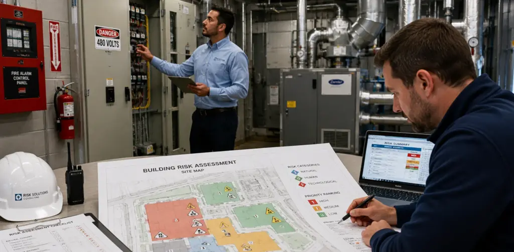 Facility team completing a comprehensive risk assessment on a building blueprint to help property managers implement a multi-hazard emergency plan, establish clear emergency procedures, and structure response teams around the Incident Command System.