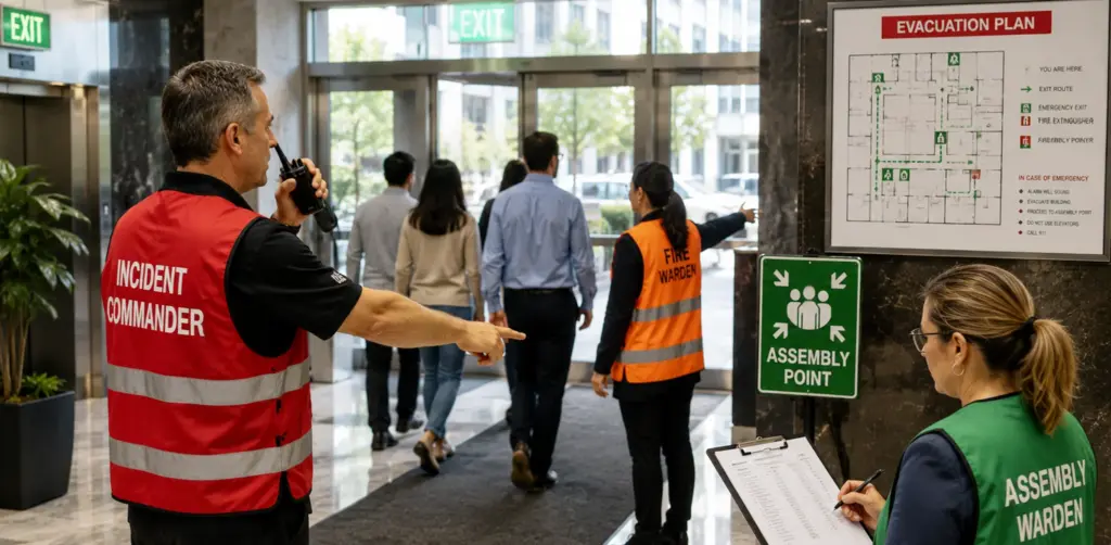 Emergency wardens directing an evacuation drill using the Incident Command System framework to assist property managers in testing their emergency procedures, validating their risk assessment, and carrying out a multi-hazard emergency plan.
