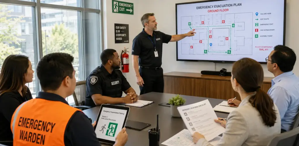 Safety instructor training emergency wardens on building emergency procedures and evacuation maps to strengthen multi-hazard preparedness and an all-hazards approach for the building portfolio against severe weather events.
