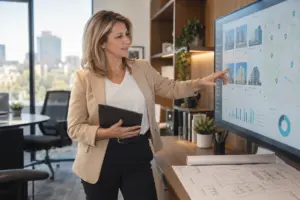 Portfolio manager reviewing a centralized digital dashboard showing emergency readiness status across multiple properties, supporting streamlined multi-site fire safety planning.