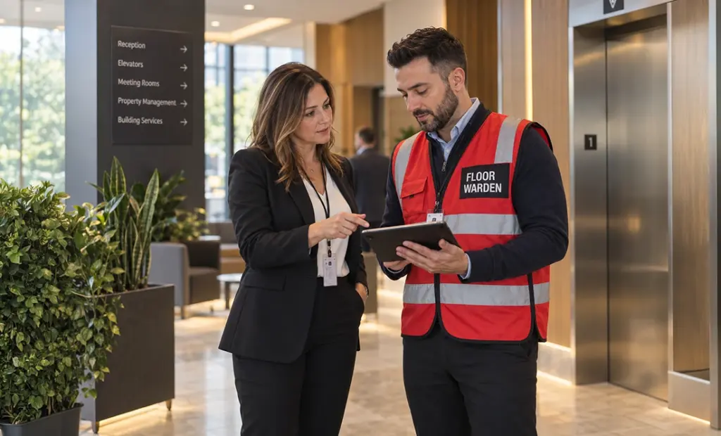 Property manager coordinating with a floor warden using a digital checklist, reflecting collaboration between corporate safety leads and site-level teams for consistent emergency planning.