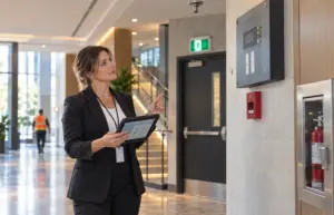 Property manager holding a tablet inspects a fire alarm control panel, pull station and illuminated exit sign during a building safety walkthrough